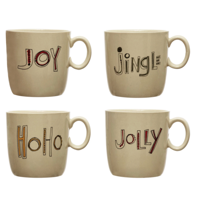 4" Round x 4"H Stoneware Mug with Holiday Word, Multi Color, 4 Styles