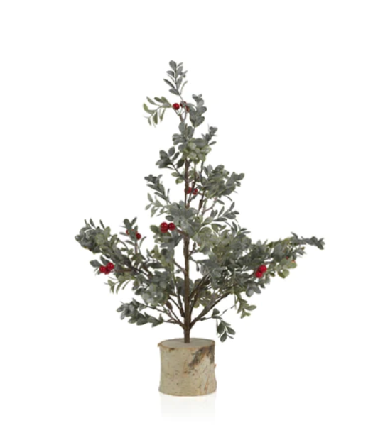 Frosted Mistletoe Tree with Red Berries on Birch Base