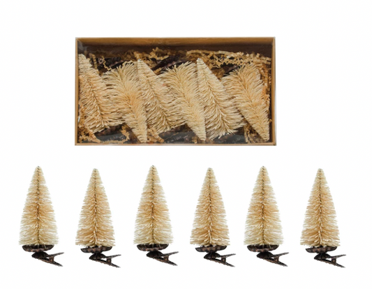 2" Round x 4-1/2"H Sisal Bottle Brush Tree Clip-on Ornaments, Cream Color, Boxed Set of 6