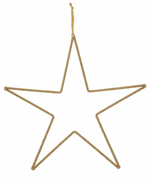 20"W x 20"H Hanging Metal & Glass Bead Star w/ Cotton Velvet Ribbon, Gold Finish