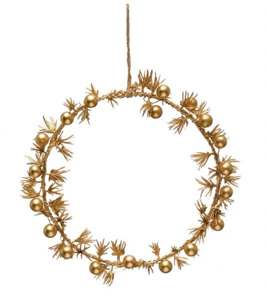 7" Round Faux Pine & Berries Wreath, Gold Finish