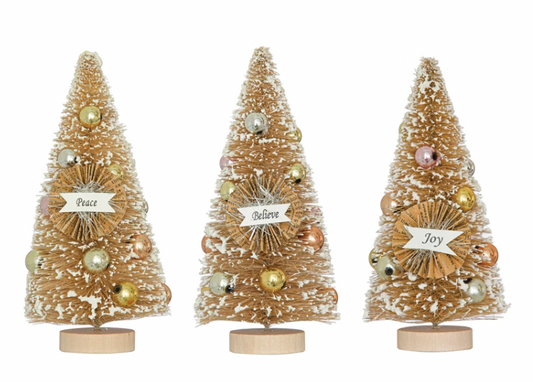 3" Round x 6"H Sisal Bottle Brush Tree w/ Ornaments, Snow & Holiday Word, 3 Styles