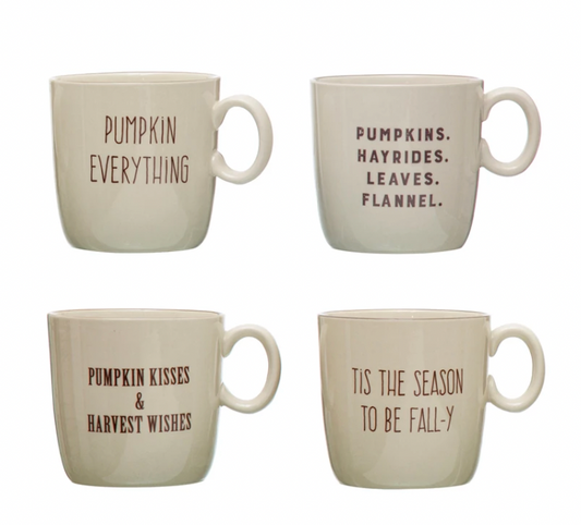 4" Round x 4"H 16 oz. Stoneware Mug w/ Fall Saying, Cream Color & Brown, 4 Styles