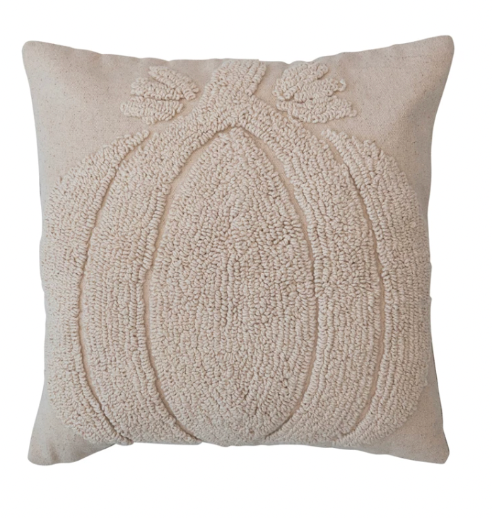 18" Square Cotton Slub Tufted Pillow w/ Pumpkin & Chambray Back, Cream Color