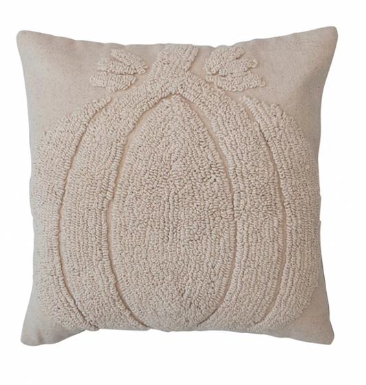 18" Square Cotton Slub Tufted Pillow w/ Pumpkin & Chambray Back, Cream Color