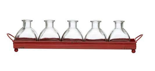 16"L x 3-1/4"W x 3-1/2"H Decorative Metal Tray w/ 5 Glass Vases, Red, Set of 6