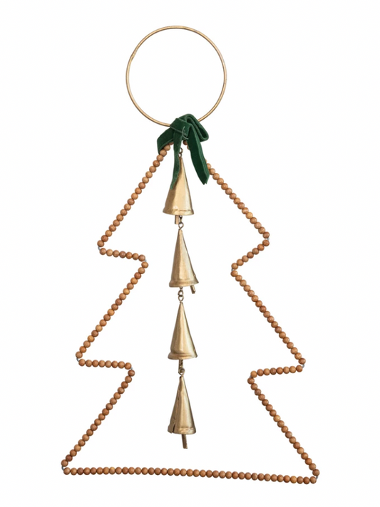 14"H Hanging Metal & Wood Bead Tree w/ Bells & Green Velvet Bow, Natural & Gold Finish