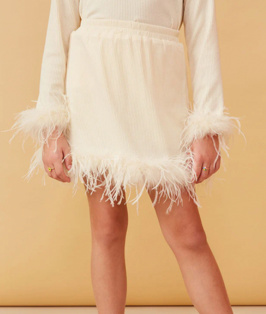 Feather Trimmed Ribbed Knit Skirt