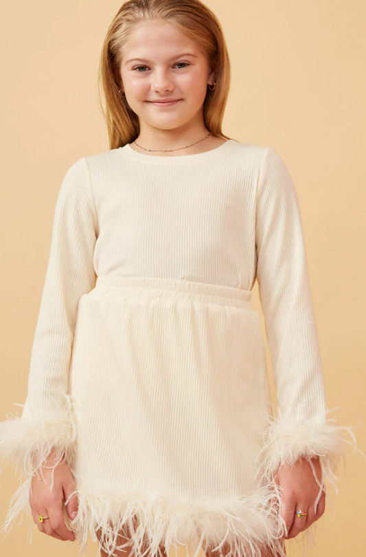 Feather Trimmed Ribbed Knit Top