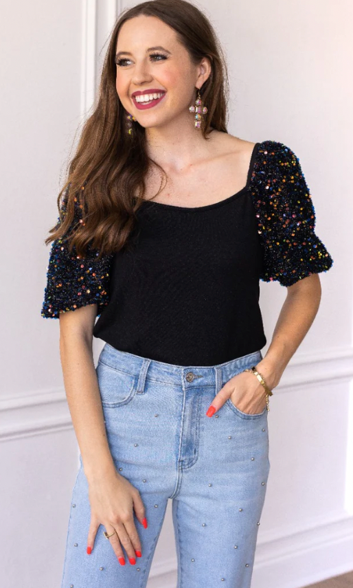 OBSIDIAN SPARKLE PUFF SLEEVE TOP