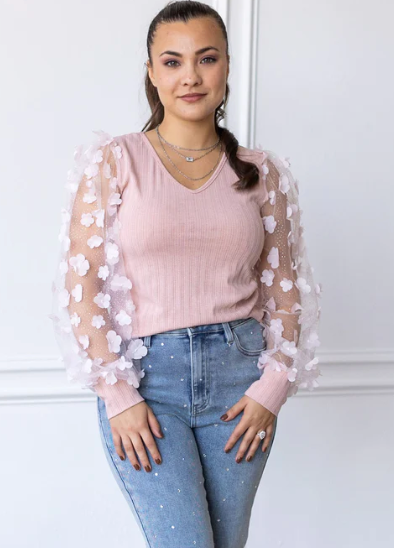 LOVE BLOOMS PINK MESH SLEEVE TOP