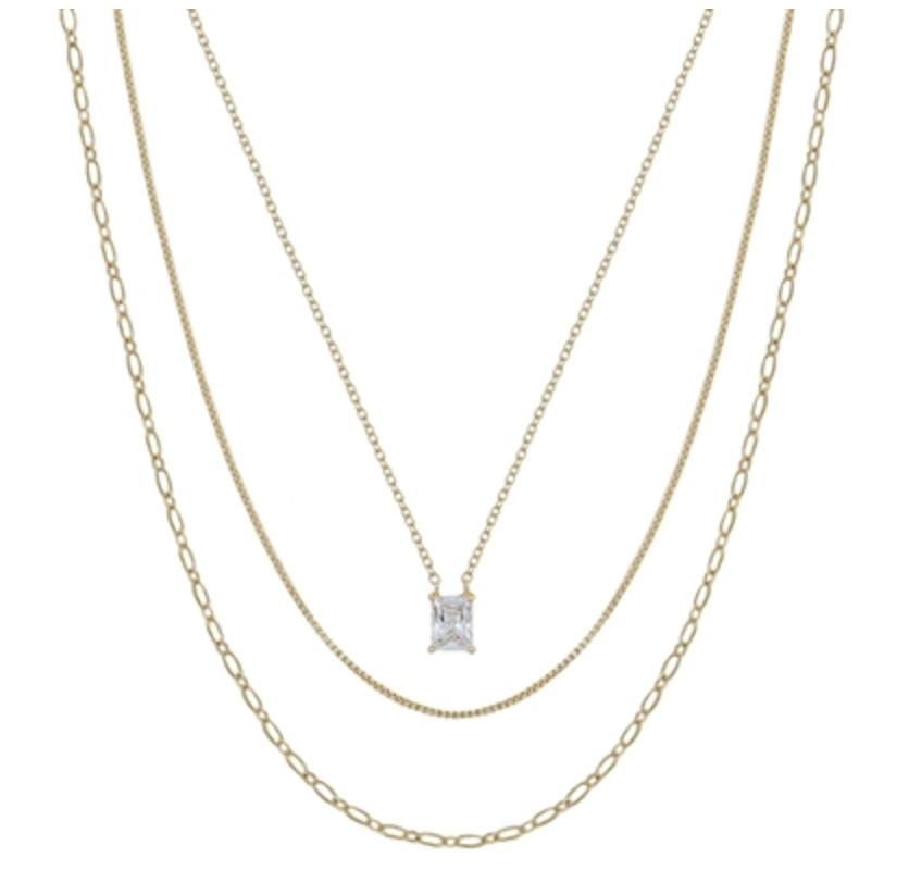 Three Layered Snake Chain with Squared Pendant 16"-18" Necklace