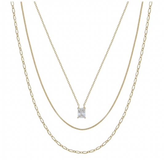 Three Layered Snake Chain with Squared Pendant 16"-18" Necklace