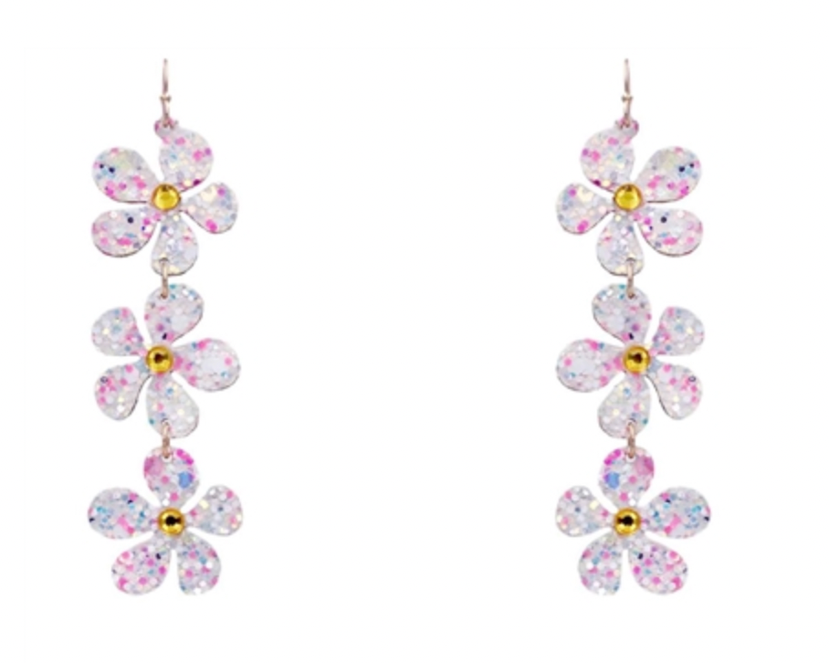 Glitter Flower 3 Drop 3.25" Earring