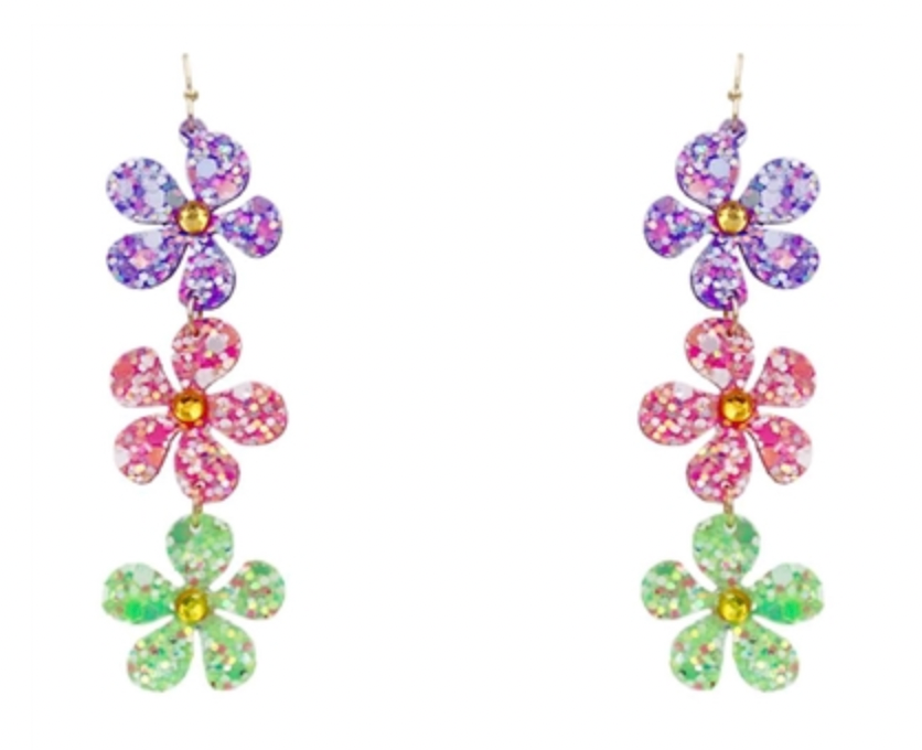 Glitter Flower 3 Drop 3.25" Earring