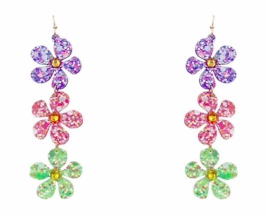 Glitter Flower 3 Drop 3.25" Earring