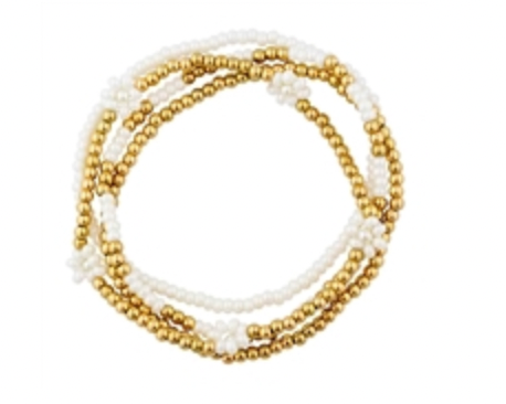 Seed Bead Flower and Gold Set of 4 Stretch Bracelet