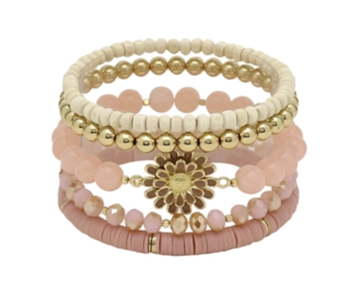 Crystal, Rubber, and Gold Set of 5 Flower Stretch Bracelet