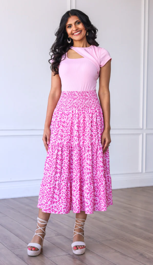 THE MARILYN MIDI SKIRT IN PINK LEOPARD