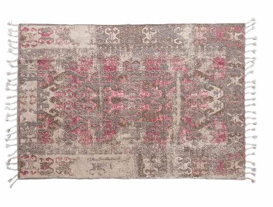 Woven Cotton Distressed Print Rug with Braided Fringe