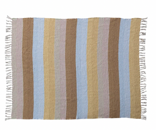 Woven Recycled Cotton Blend Throw w/ Stripes & Fringe