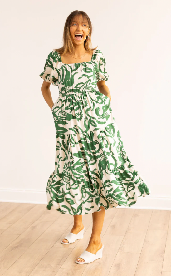 THE ELIZABETH GREEN & IVORY PUFF SLEEVE DRESS