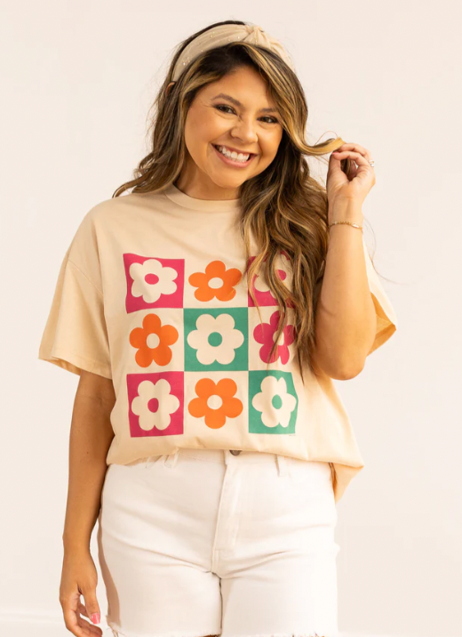 Checkered Floral Oversized Tee, Beige