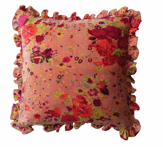 20" Square Cotton Velvet Printed Pillow w/ Floral Pattern