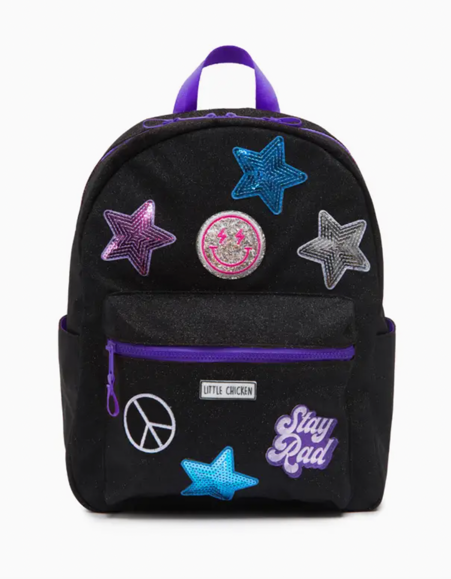 Black Glitter Kids Backpack with Patches, Back To School