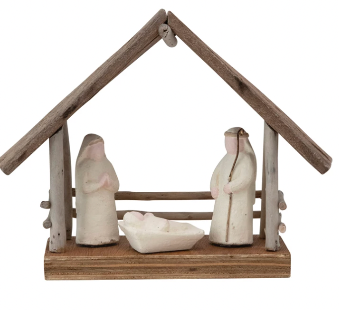 8-1/2"L x 3"W x 7"H Handmade Driftwood and Paper Mache Nativity with Wood Base