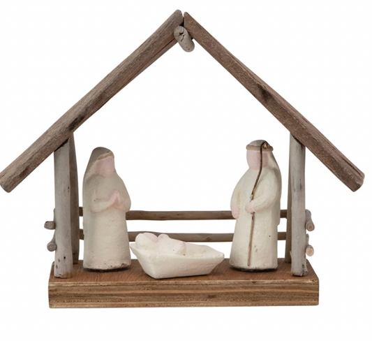 8-1/2"L x 3"W x 7"H Handmade Driftwood and Paper Mache Nativity with Wood Base