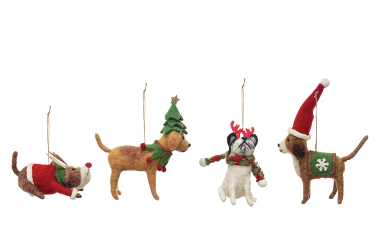 2-3/4"H - 5-3/4"H Wool Felt Dog in Holiday Outfit Ornament