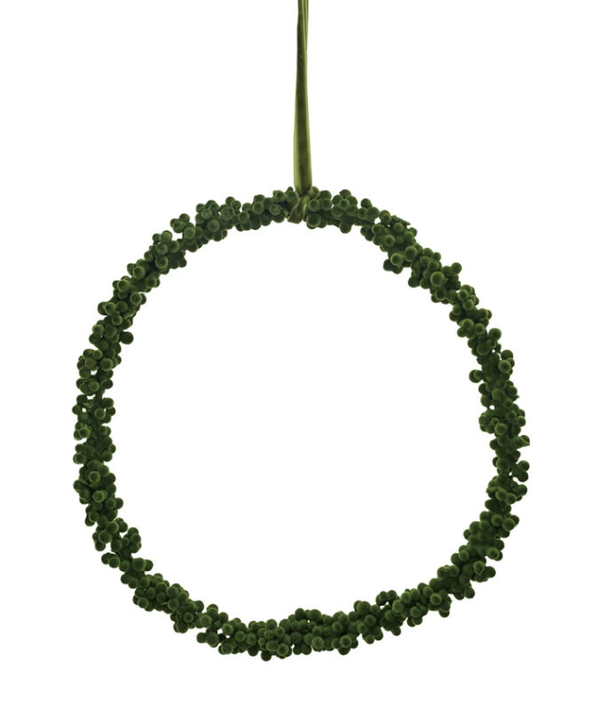 Flocked Foam Berry Wreath w/ Velvet Ribbon, Green