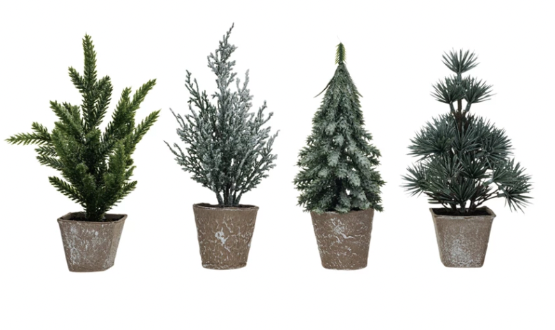 Faux Evergreen Tree in Paper Pot, Snow/Frost Finish, 4 Styles
