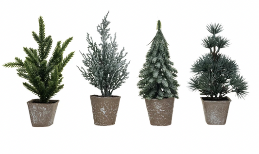 Faux Evergreen Tree in Paper Pot, Snow/Frost Finish, 4 Styles