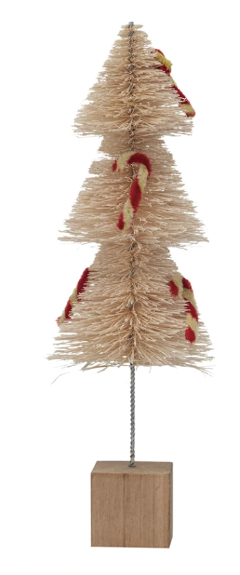 Sisal Bottle Brush Tree w/ Chenille Candy Cane & Wood Base, Natural, White & Red