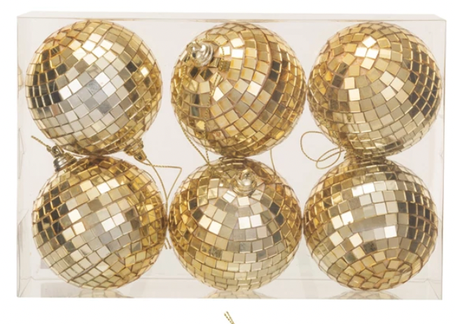 Glass & Foam Disco Ball Ornaments w/ Acetate Box, Gold Finish, Boxed Set of 6