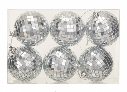 Glass & Foam Disco Ball Ornaments w/ Acetate Box, Silver Finish, Boxed Set of 6