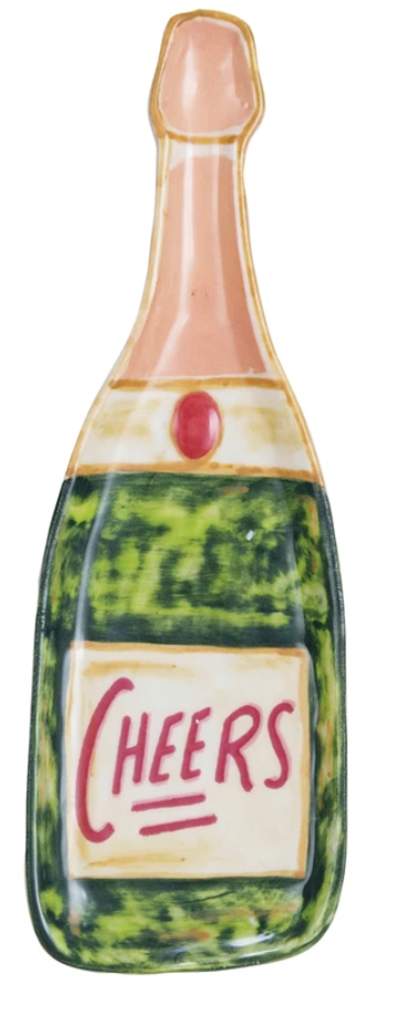 Stoneware Champagne Bottle Shaped Dish "Cheers", Multi Color ©