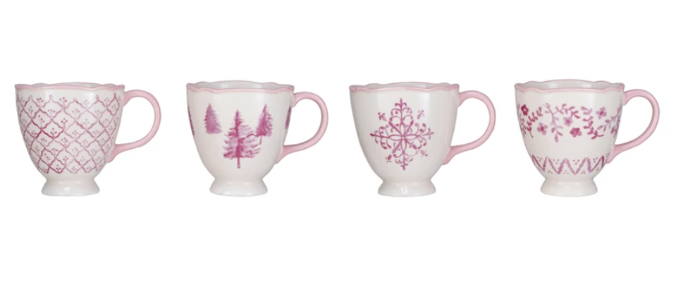 Stoneware Teacup w/ Holiday Image & Scalloped Rim, 4 Styles