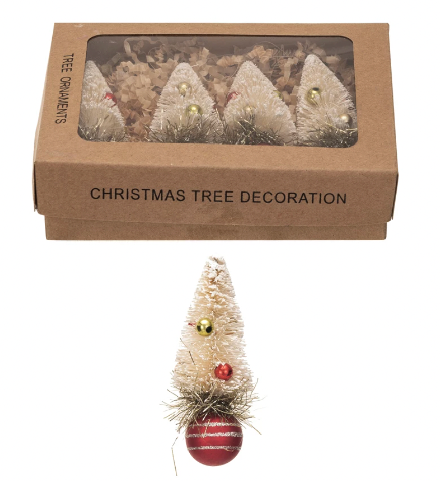 Sisal Bottle Brush Tree Ornaments w/ Glass Ball Base, Boxed Set of 4