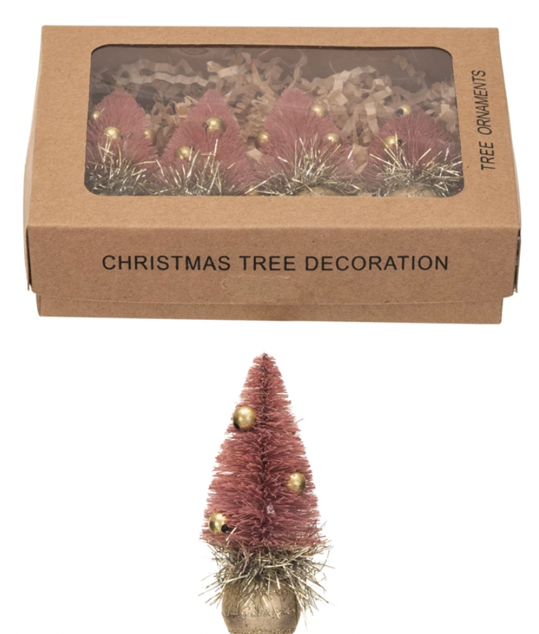 Sisal Bottle Brush Tree Ornaments w/ Glass Ball Base, Boxed Set of 4