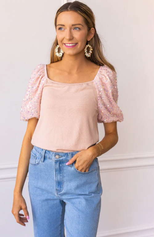 Rose Quartz Sparkle Puff Sleeve Top