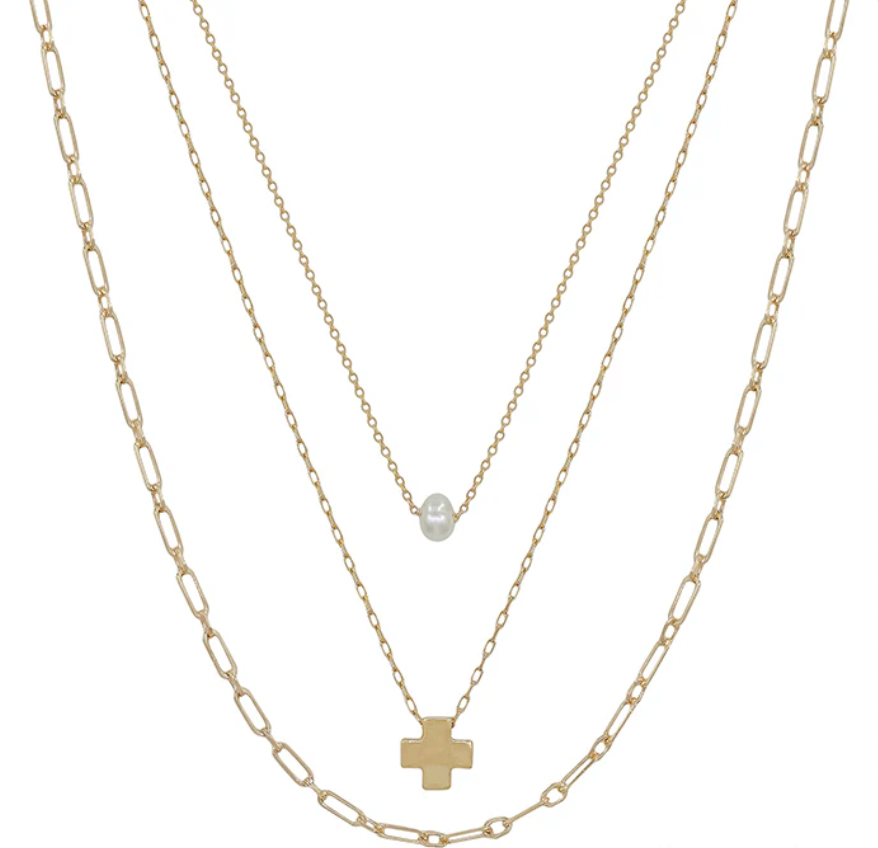 Water Resistant Triple Layered Gold Cross Shape and Pearl 16"-18" Necklace