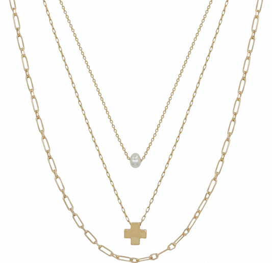 Water Resistant Triple Layered Gold Cross Shape and Pearl 16"-18" Necklace