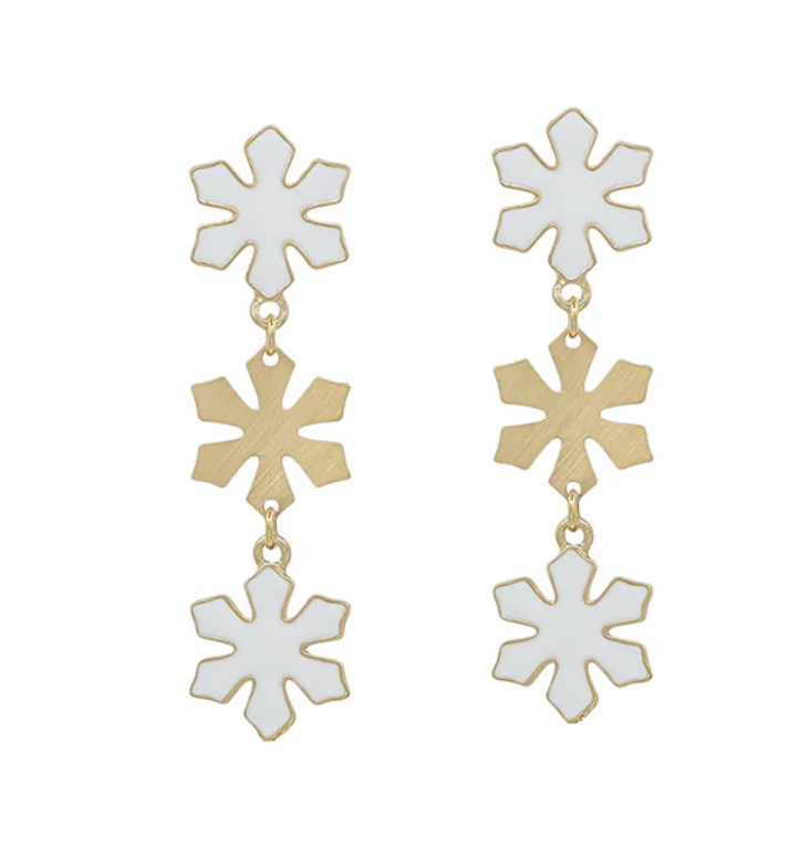 White Epoxy and Gold Metal Snowflake 3 Drop Earring