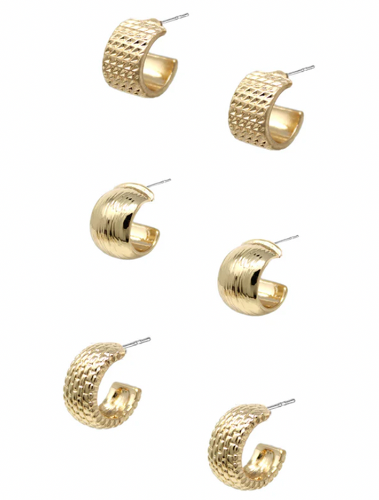 Gold Set of 3 Textured Huggie Hoop Earrings