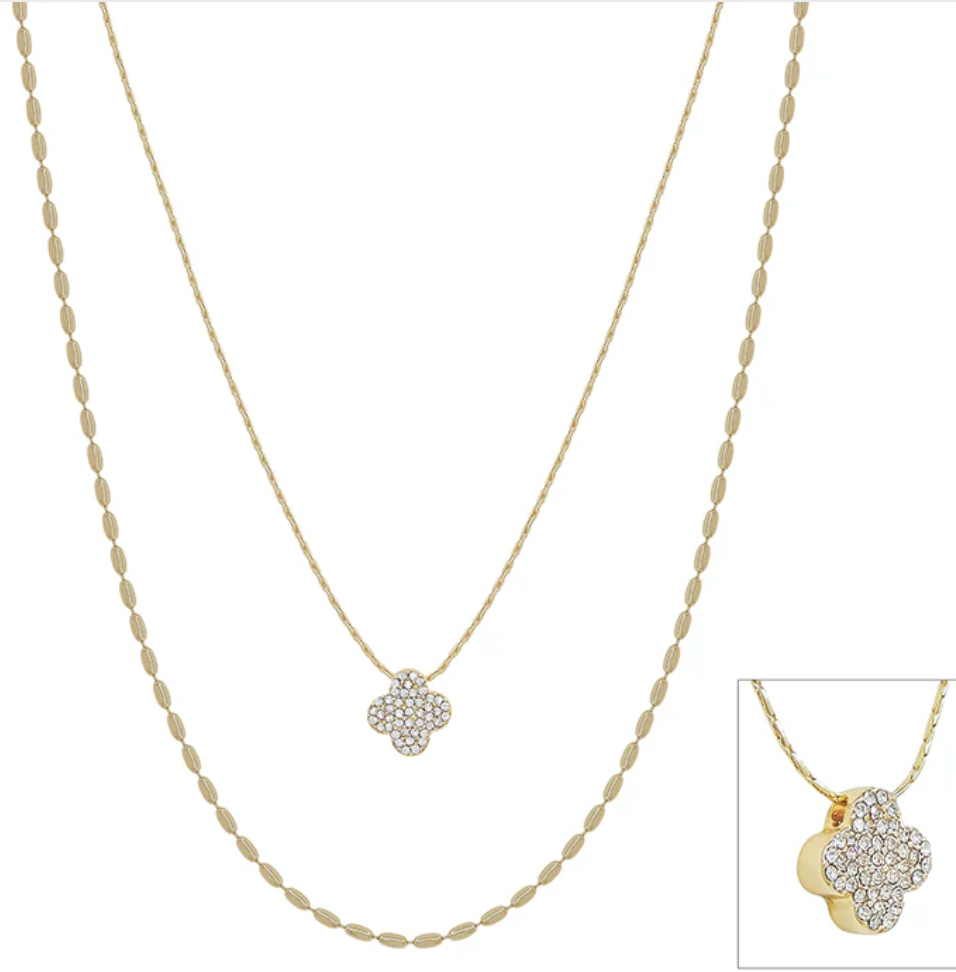 Double Layered Knot Chain with Rhinestone Clover 16"-18" Necklace
