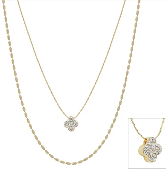 Double Layered Knot Chain with Rhinestone Clover 16"-18" Necklace
