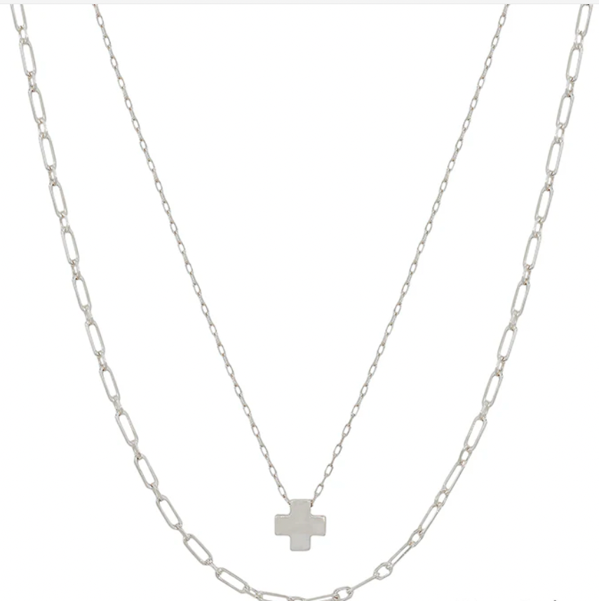 Water Resistant Layered Silver Cross Shape Charm and Chain 16"-18" Necklace